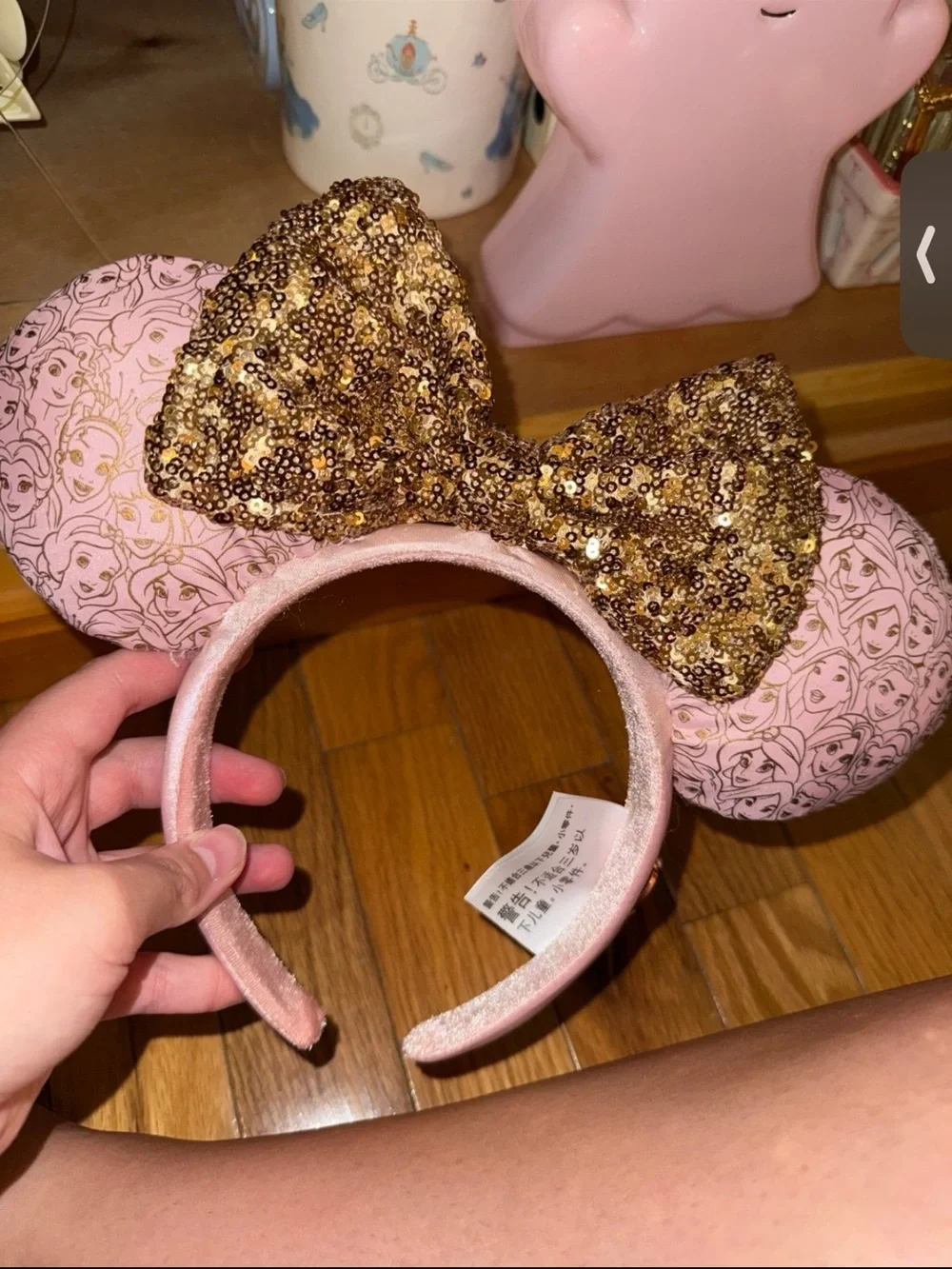Pink Minnie ears princess Sequin Bow Headband - Gold Bow
